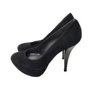 Stuart Weitzman Black Suede Heels Size 8 Designer Pumps Platform Wood Grain